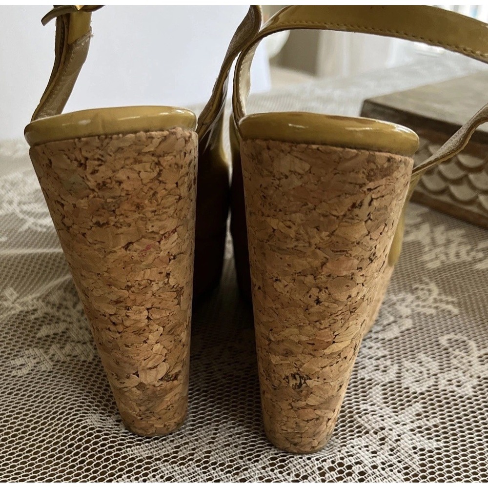 Jimmy Choo Praise Cork Patent Leather Yellow Platform Slingback Wedge S 38.5 - Picture 13 of 14